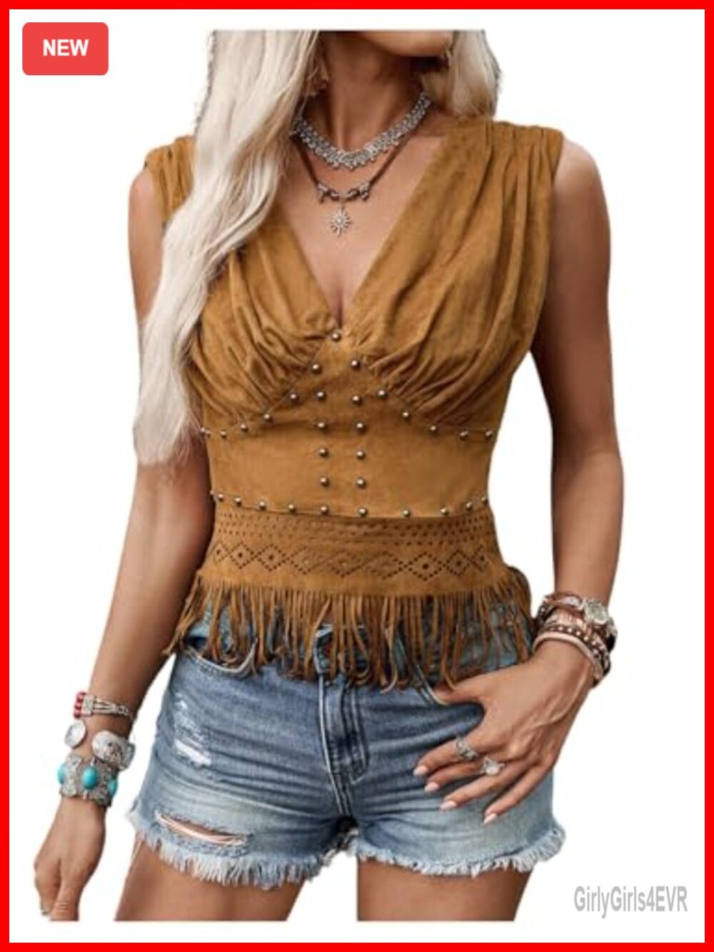 Faux Suede Rivet Tank Top Sleeveless Deep V Neck Fringe Hem Going Out